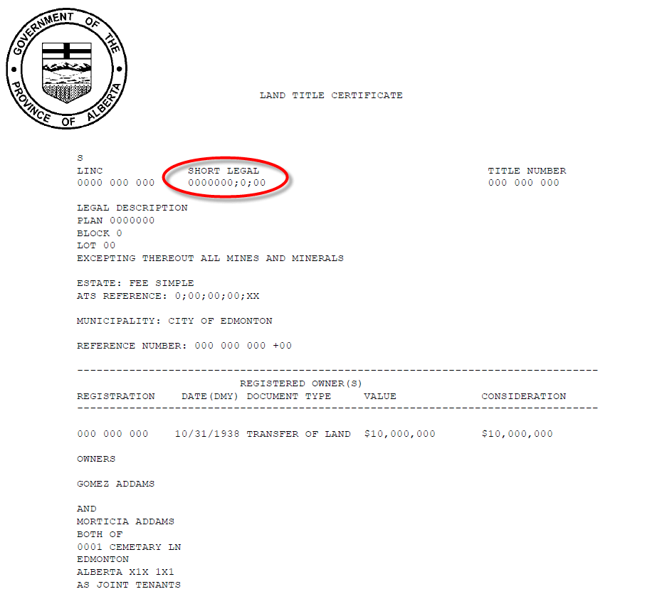 Sample Land Title With Short Legal Description Location And Format 