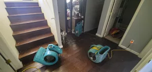 water damaged house with air movers